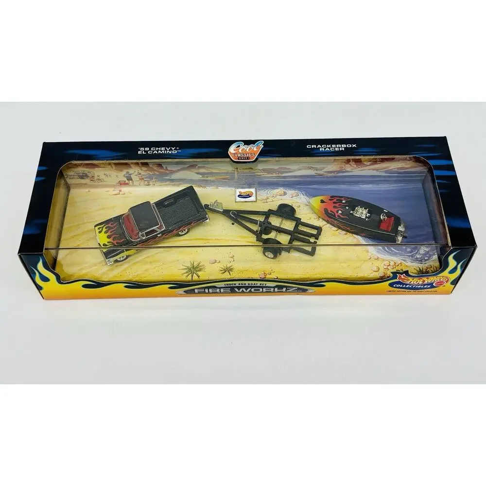 Hot Wheels Fire Workz '59 El Camino Crackerbox Racer Truck and Boat Set Sealed